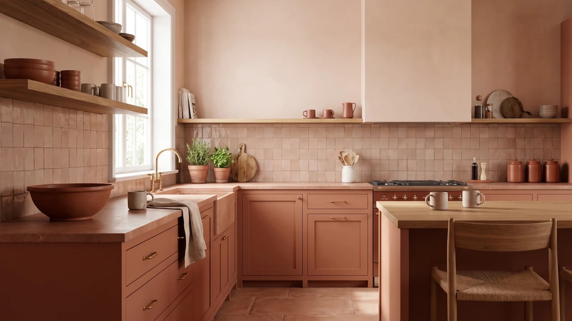Terracotta kitchen with warm tiled walls, wood cabinets, and brass hardware.