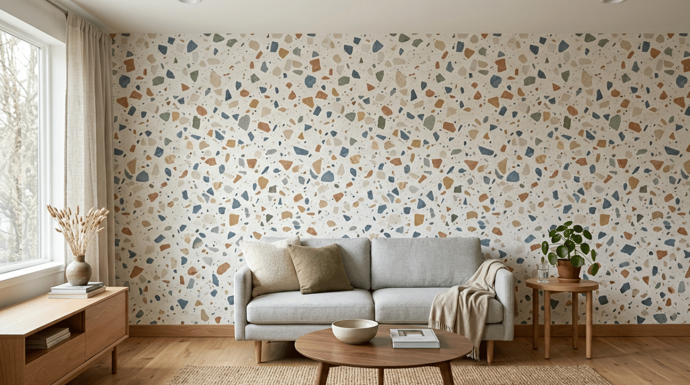 terrazzo wallpaper with scattered multicolored stone-chip shapes creating a playful textured kitchen accent wall