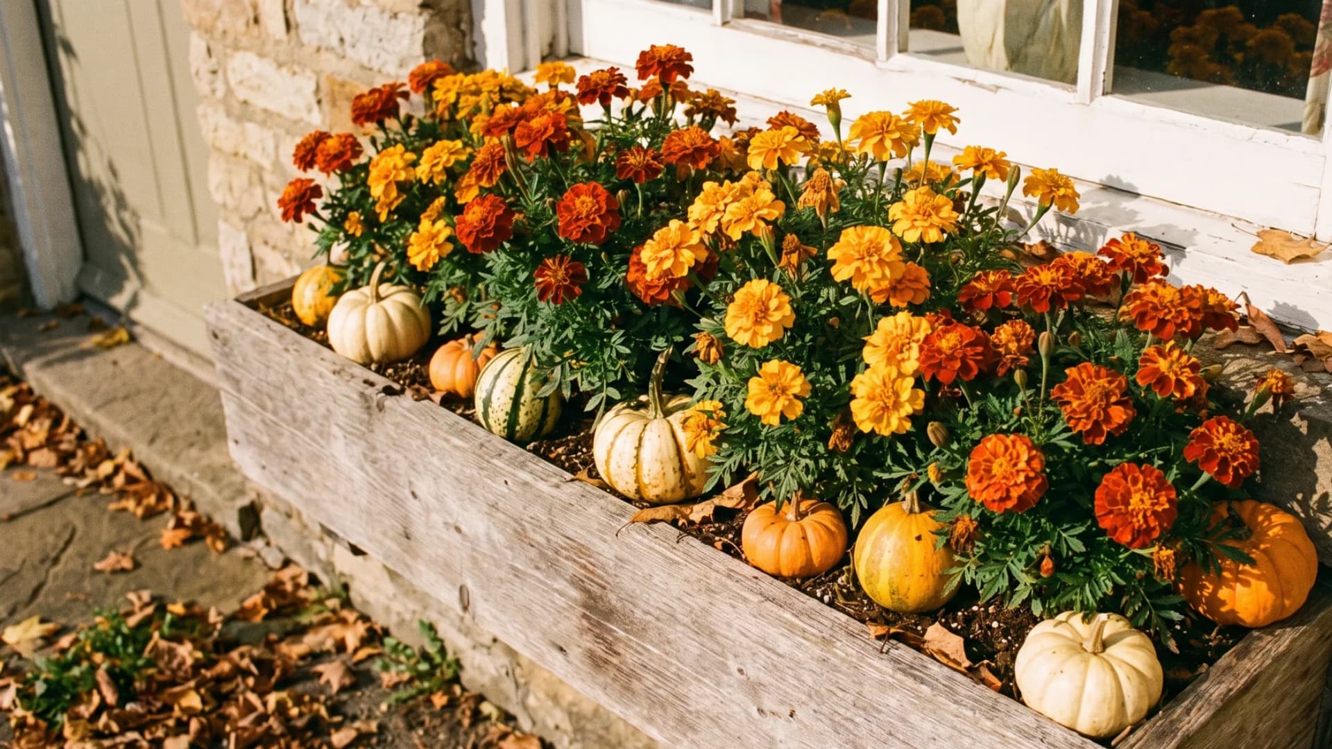Golden marigolds and assorted gourds filling a Thanksgiving fall window box.