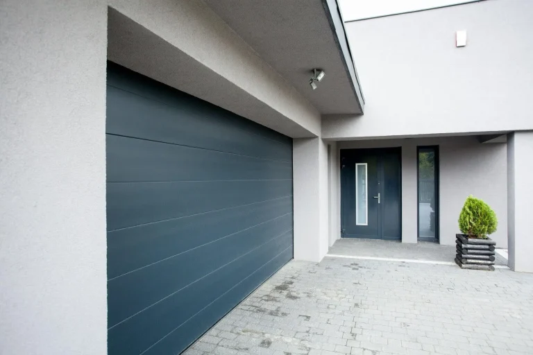 Modern home entrance with dark gray garage door and potted plant on brick driveway