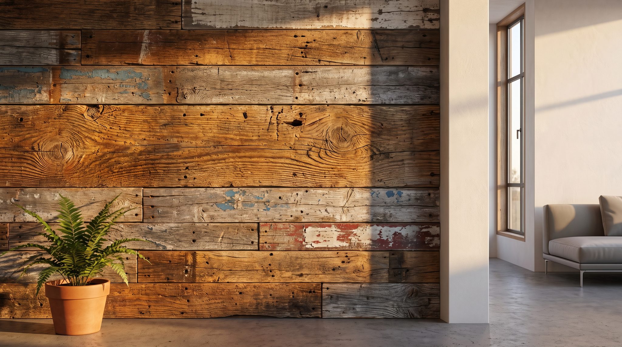 Potted fern on concrete floor against rustic wood panel wall in sunlit living room