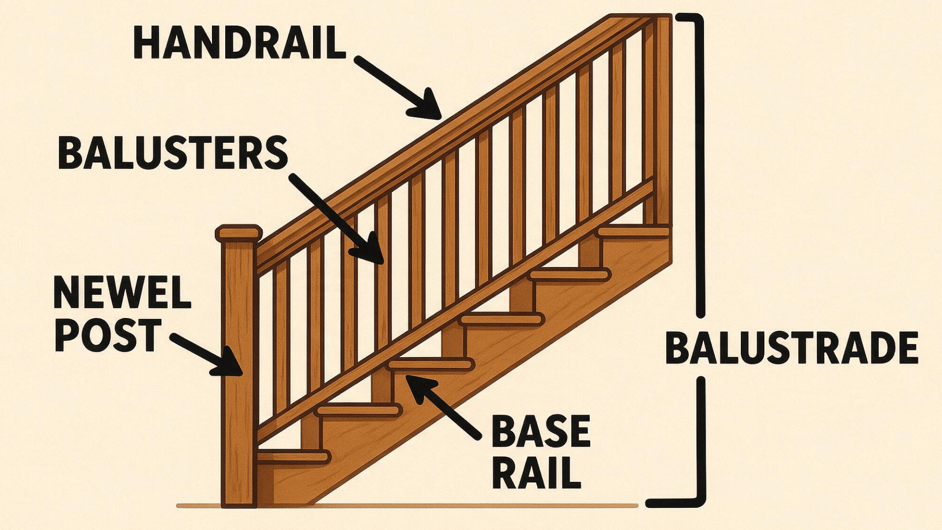 diagram labeling handrail, balusters, newel post, base rail, and balustrade