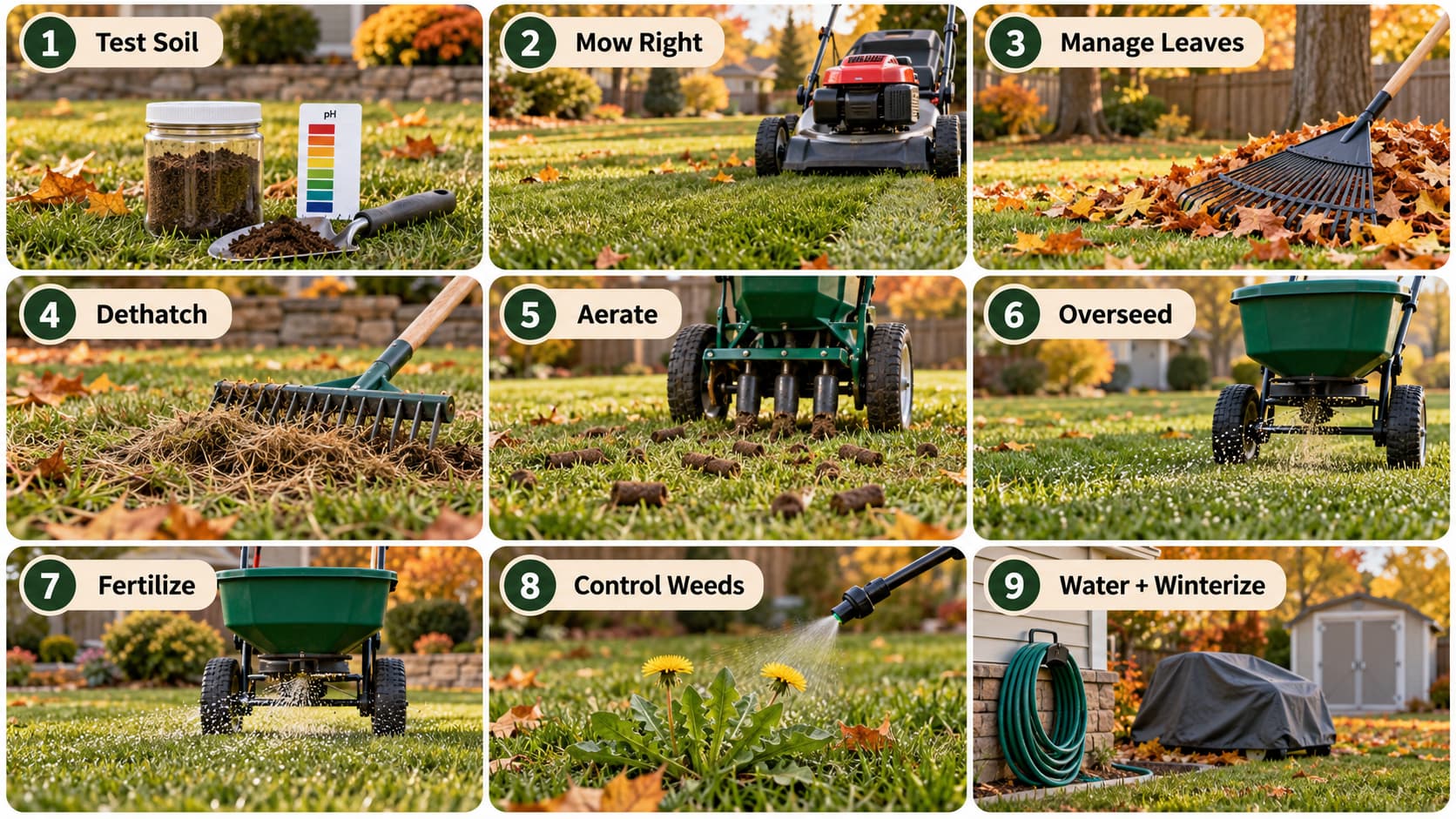 9-step grid detailing fall lawn care tasks from soil testing to winterizing.