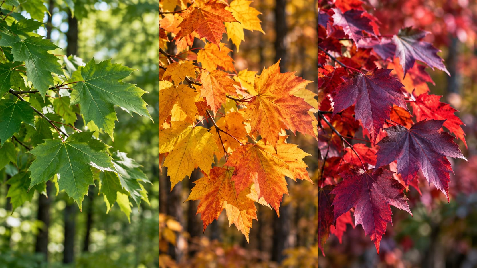 A three-panel collage showing green, orange-yellow, and deep red maple leaves representing the three pigments responsible for fall leaf color.