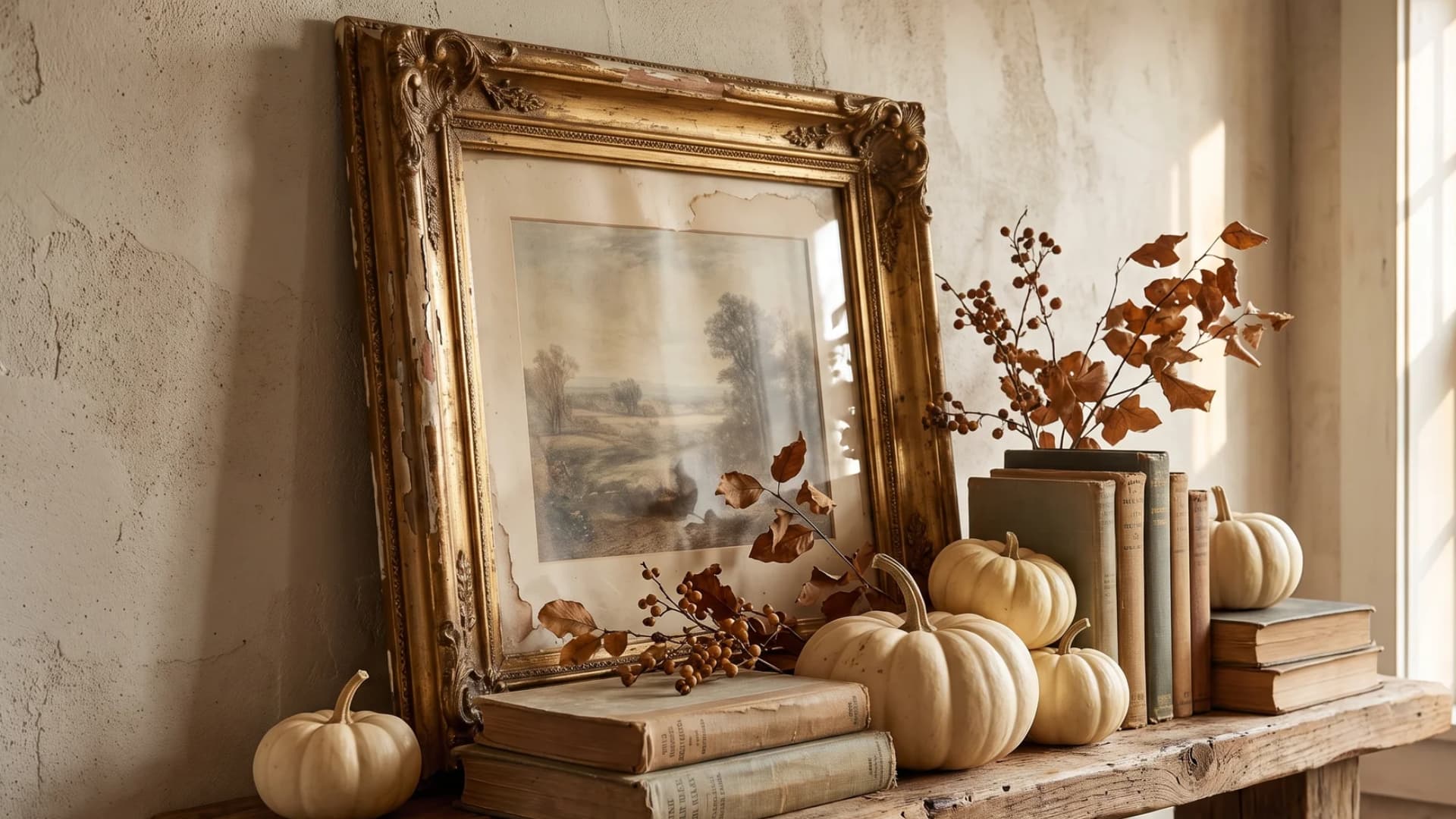 A vintage thrifted picture frame leaned off-center against a neutral wall as a backdrop for fall mantel decor.