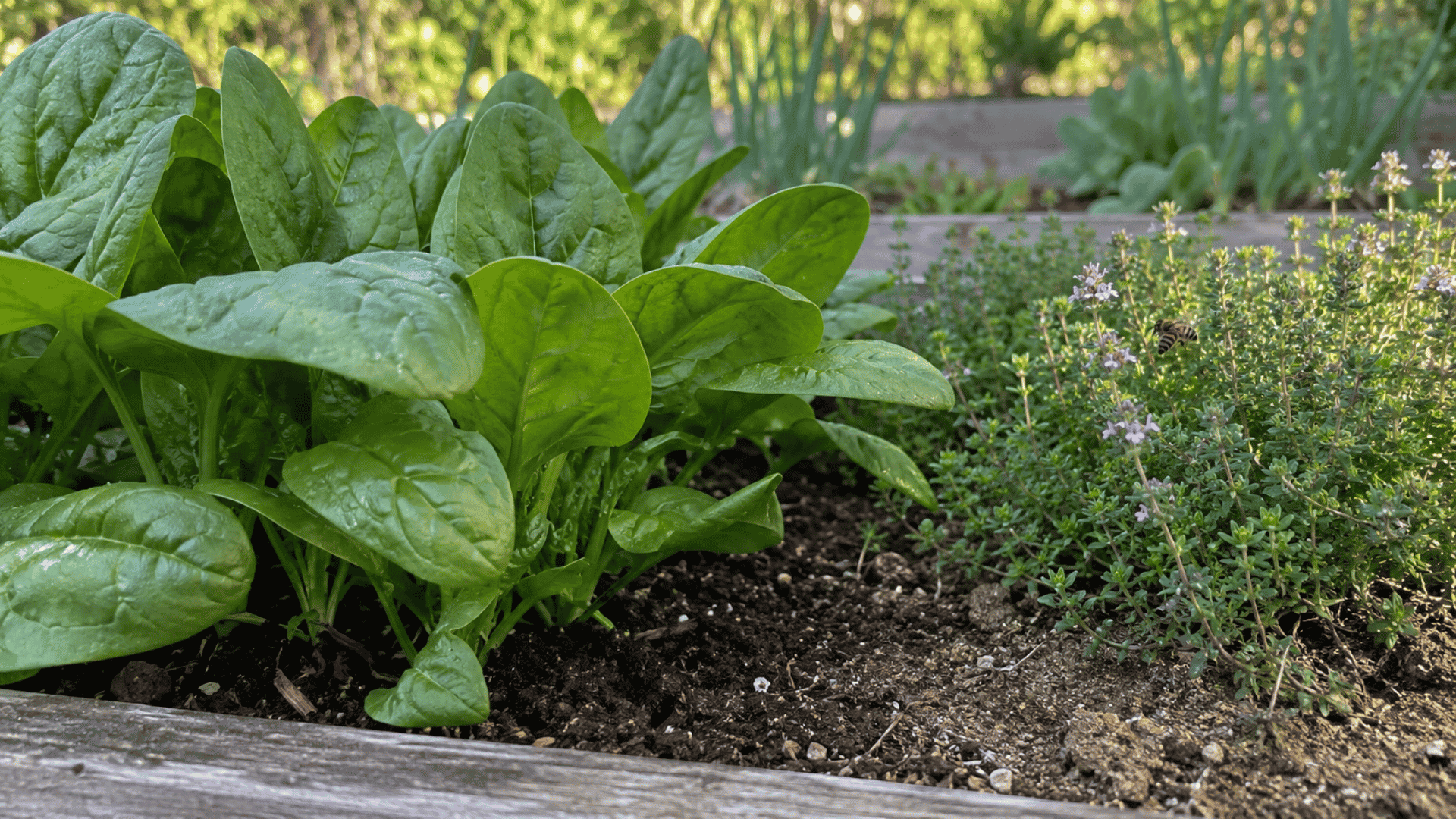 a bee visiting thyme flowers next to spinach in a raised bed