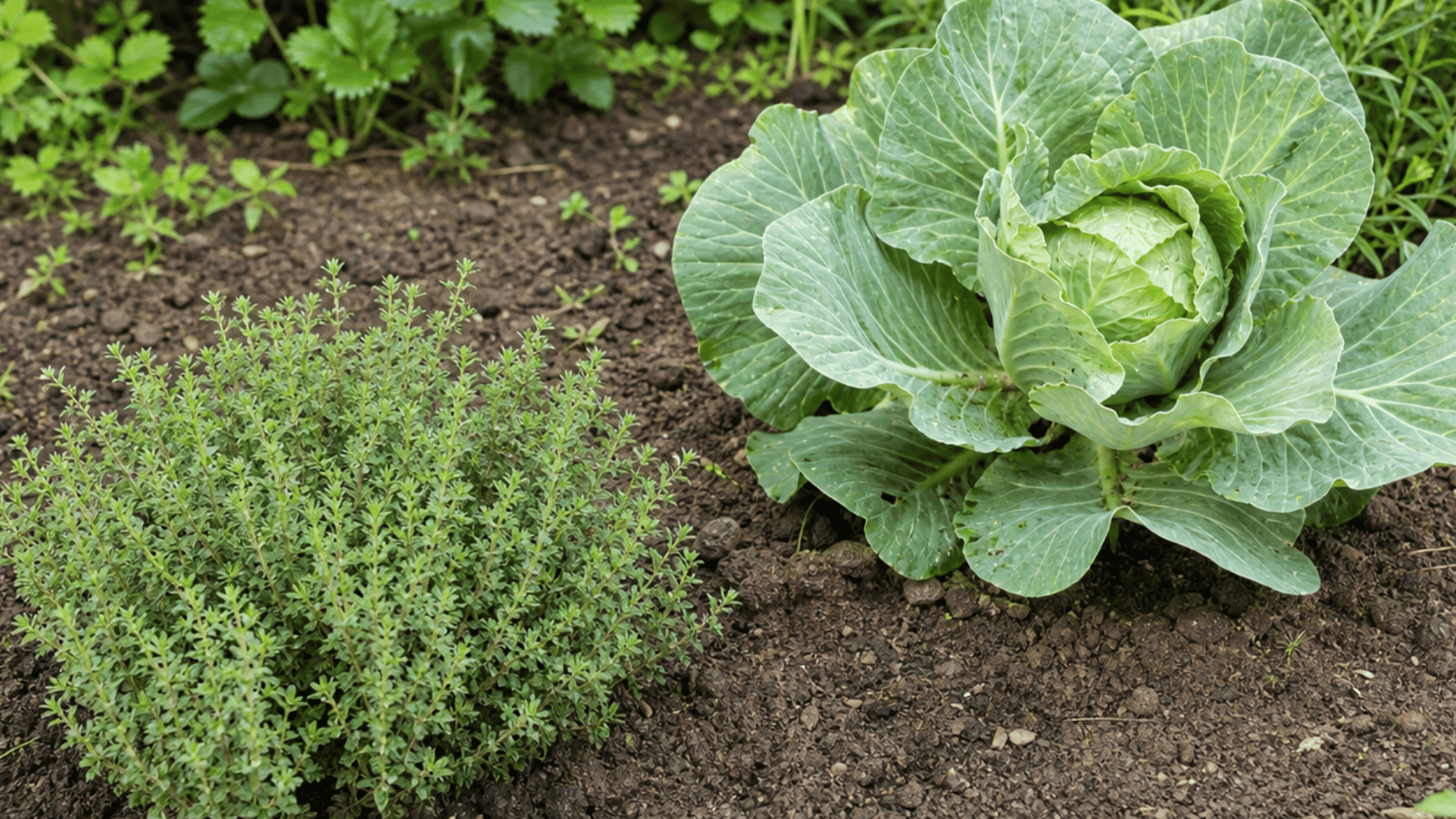 thyme growing near a mature cabbage plant in a vegetable garden