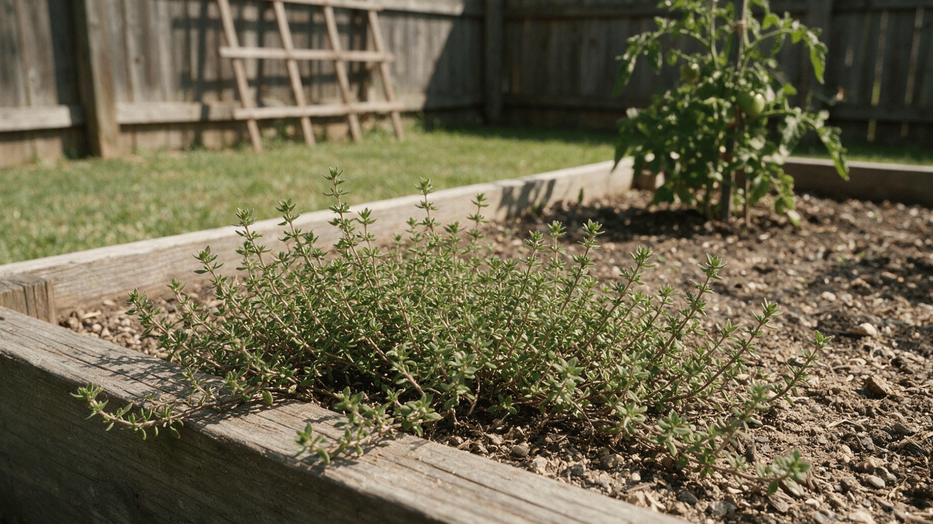 low-growing thyme planted near a tomato plant along the edge of a home vegetable garden bed