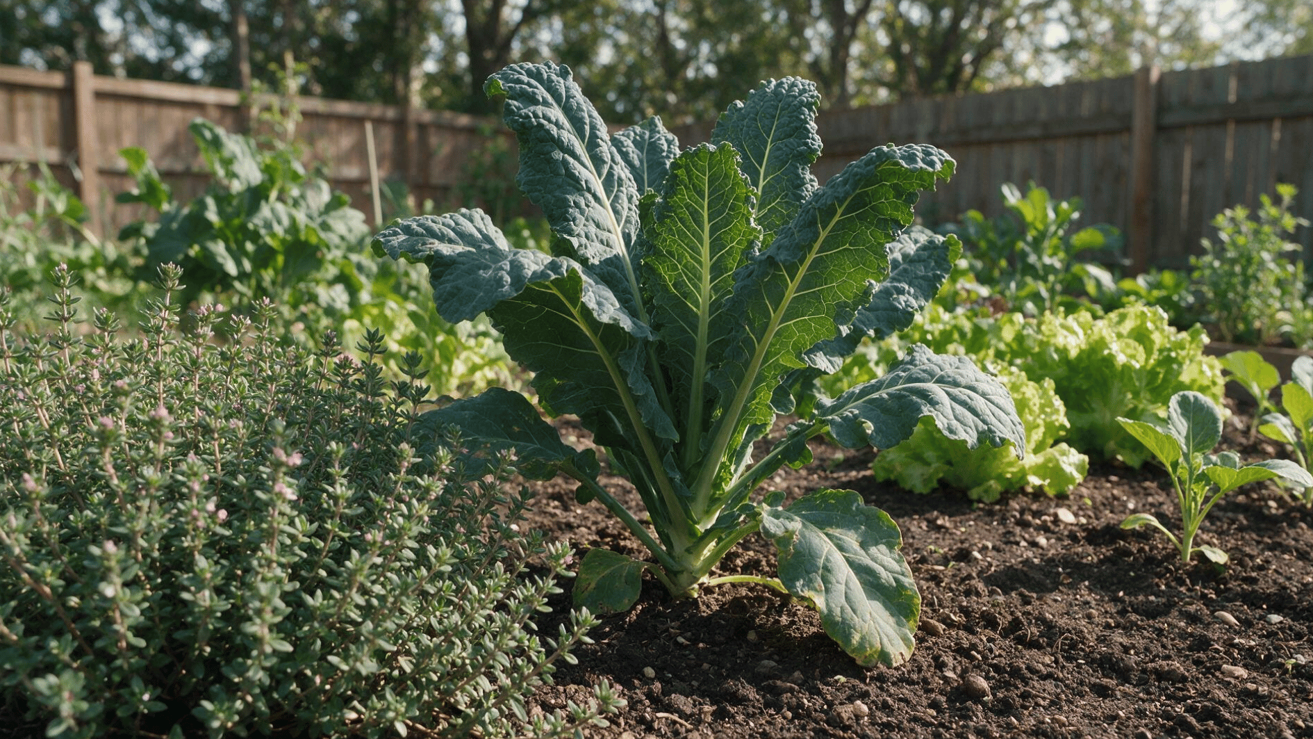 thyme growing beside kale in a sunny raised garden bed
