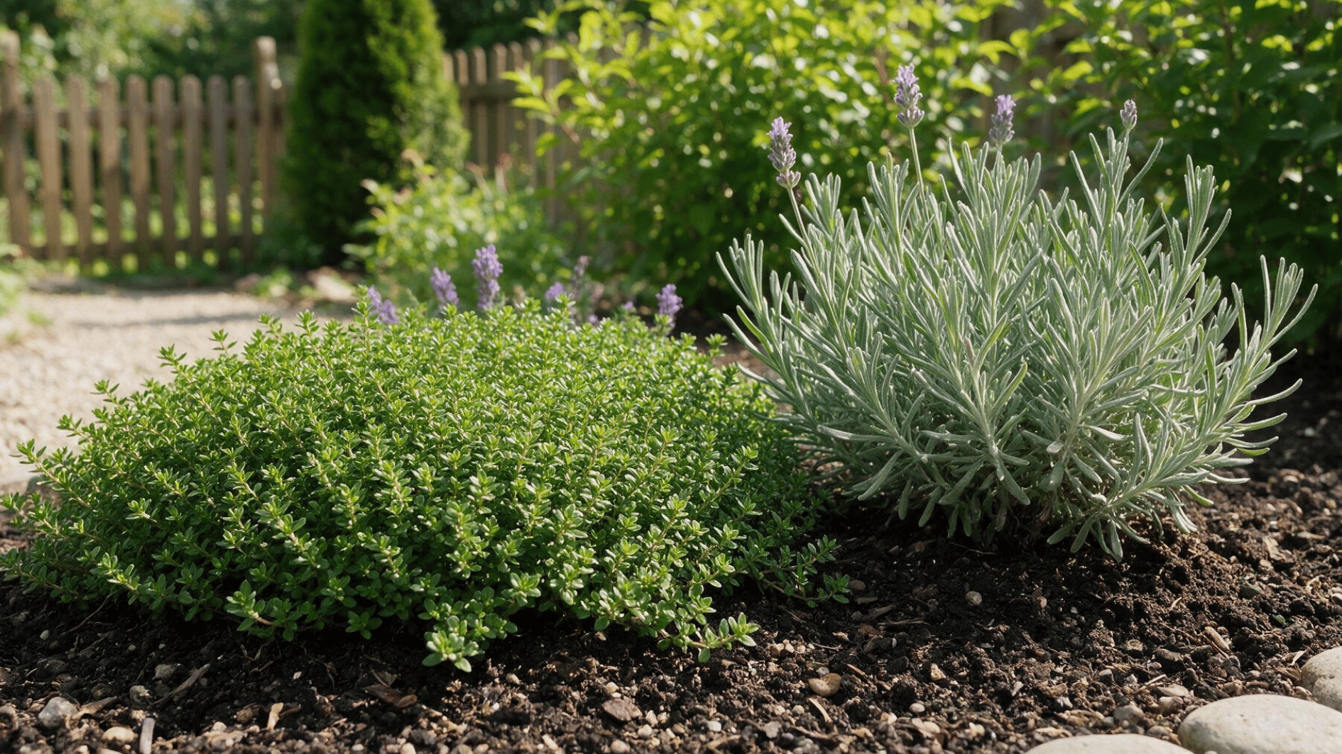 thyme growing near lavender in a well-drained garden border
