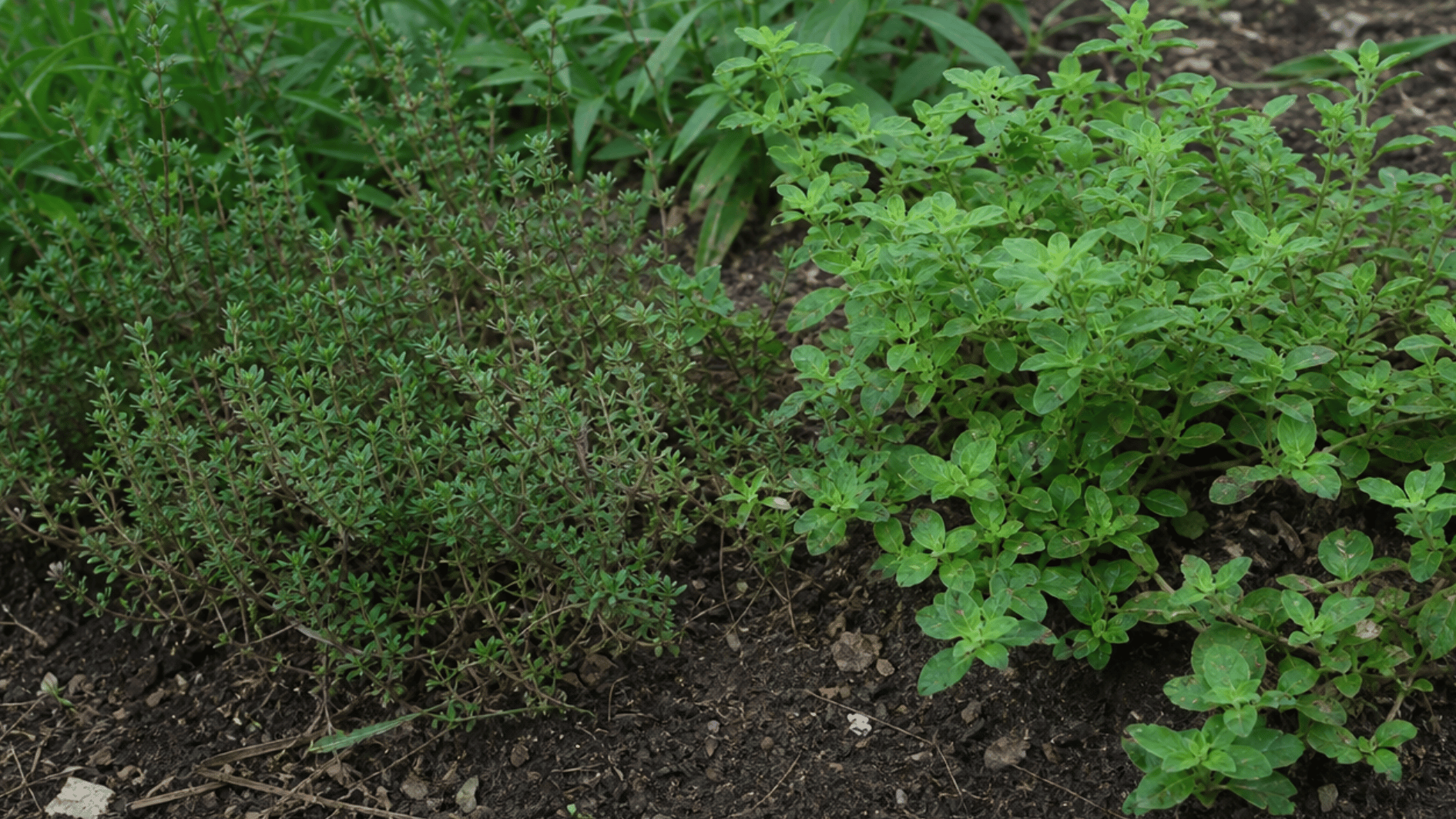 thyme and marjoram growing side by side in a simple herb bed