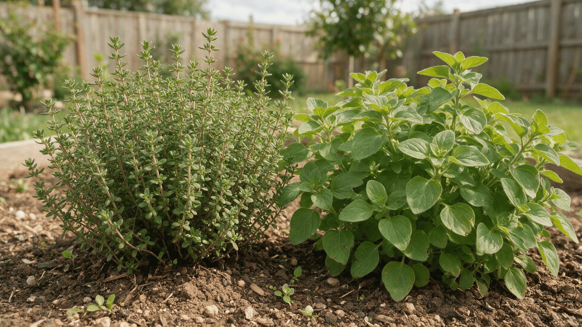 thyme and oregano growing together in a natural backyard herb garden