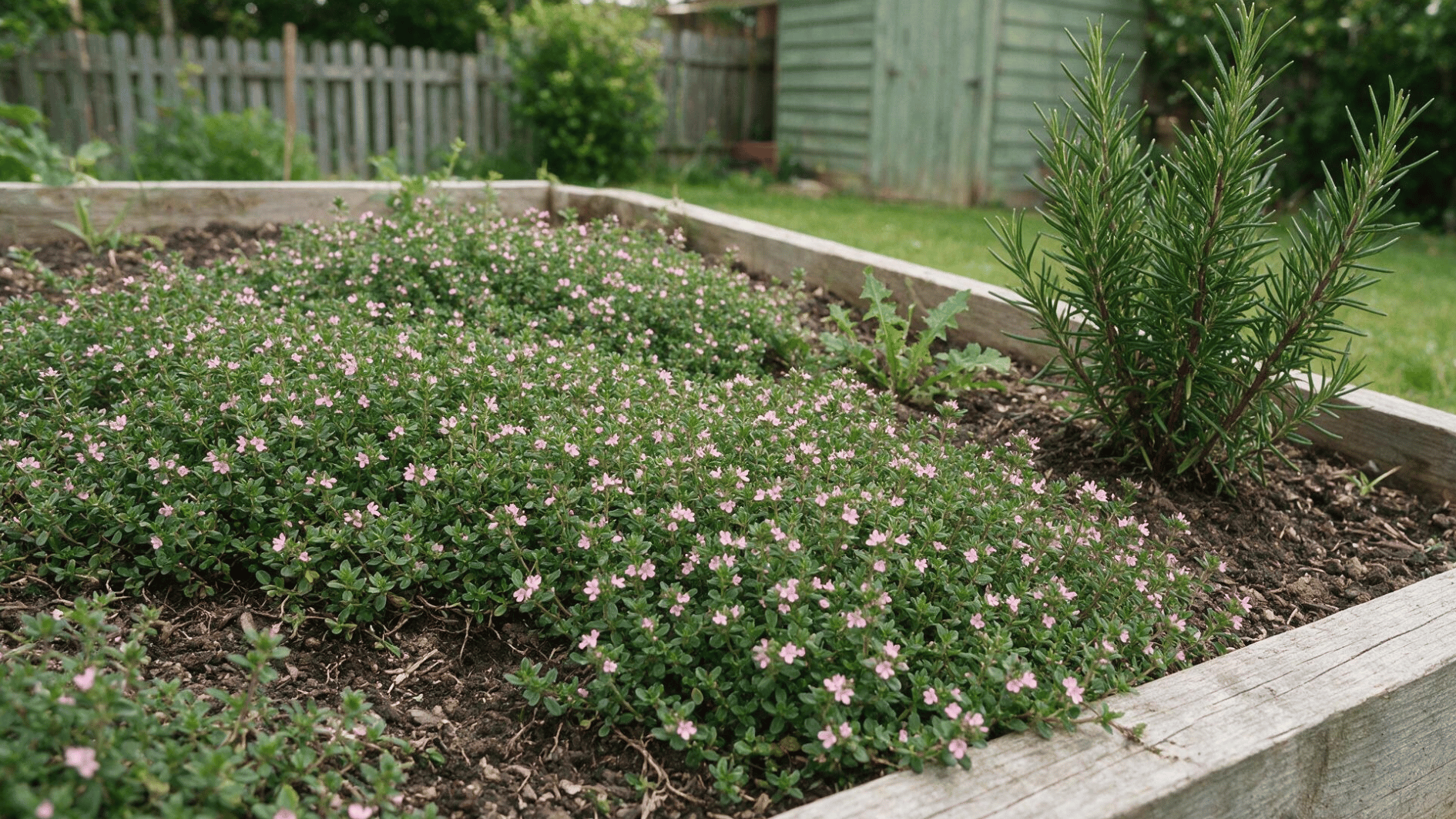 thyme growing beside rosemary in a simple backyard herb garden