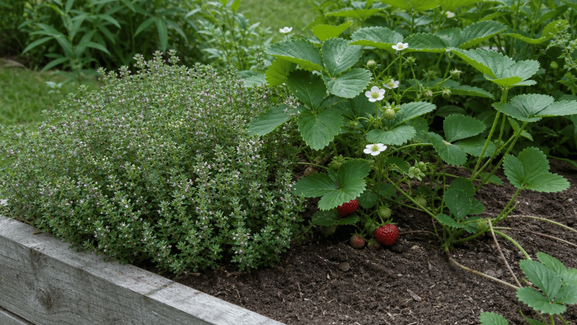 thyme growing beside strawberry plants in a raised garden bed