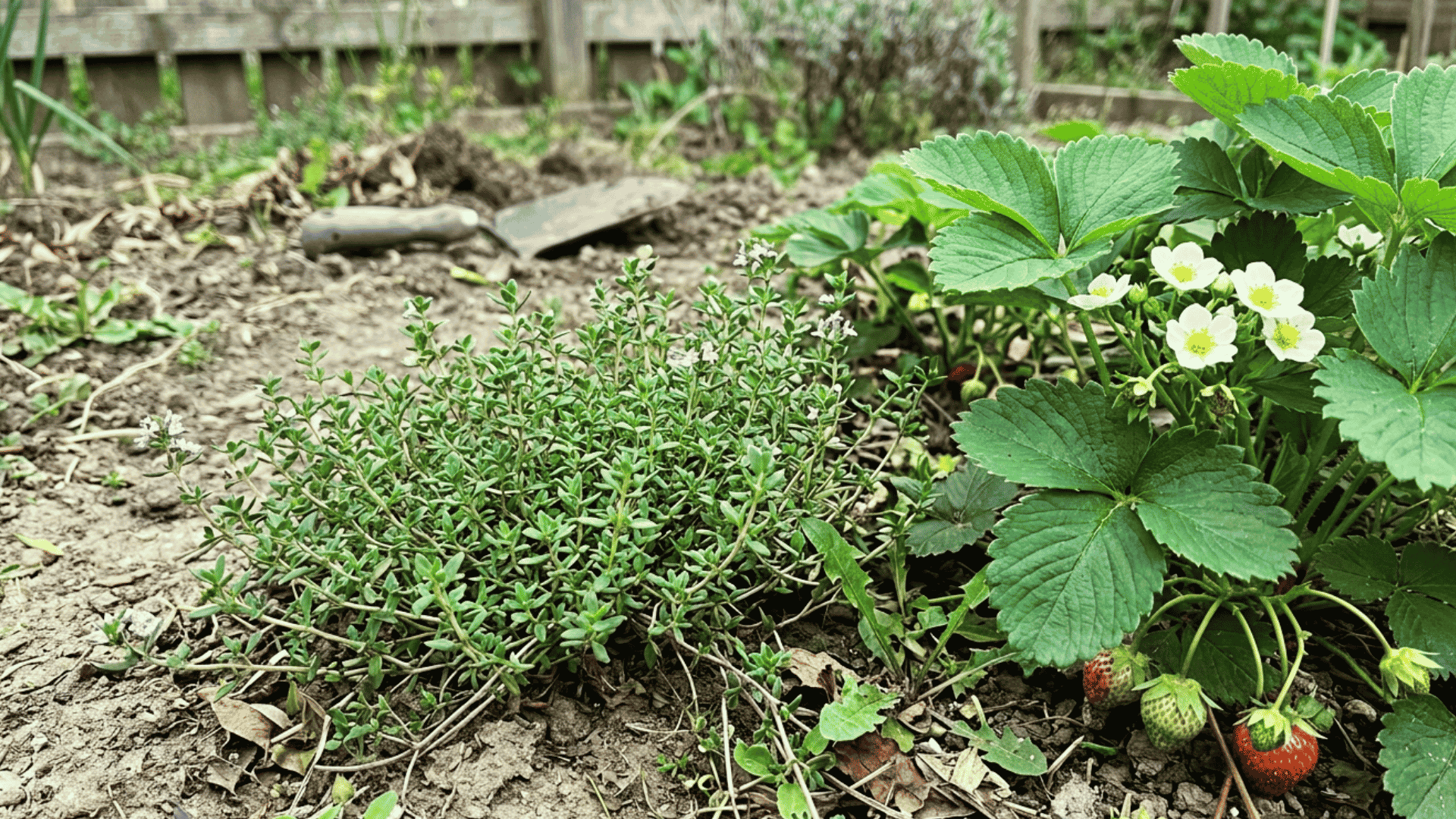 upright chive clumps with purple blooms growing beside low strawberry plants in a natural garden bed