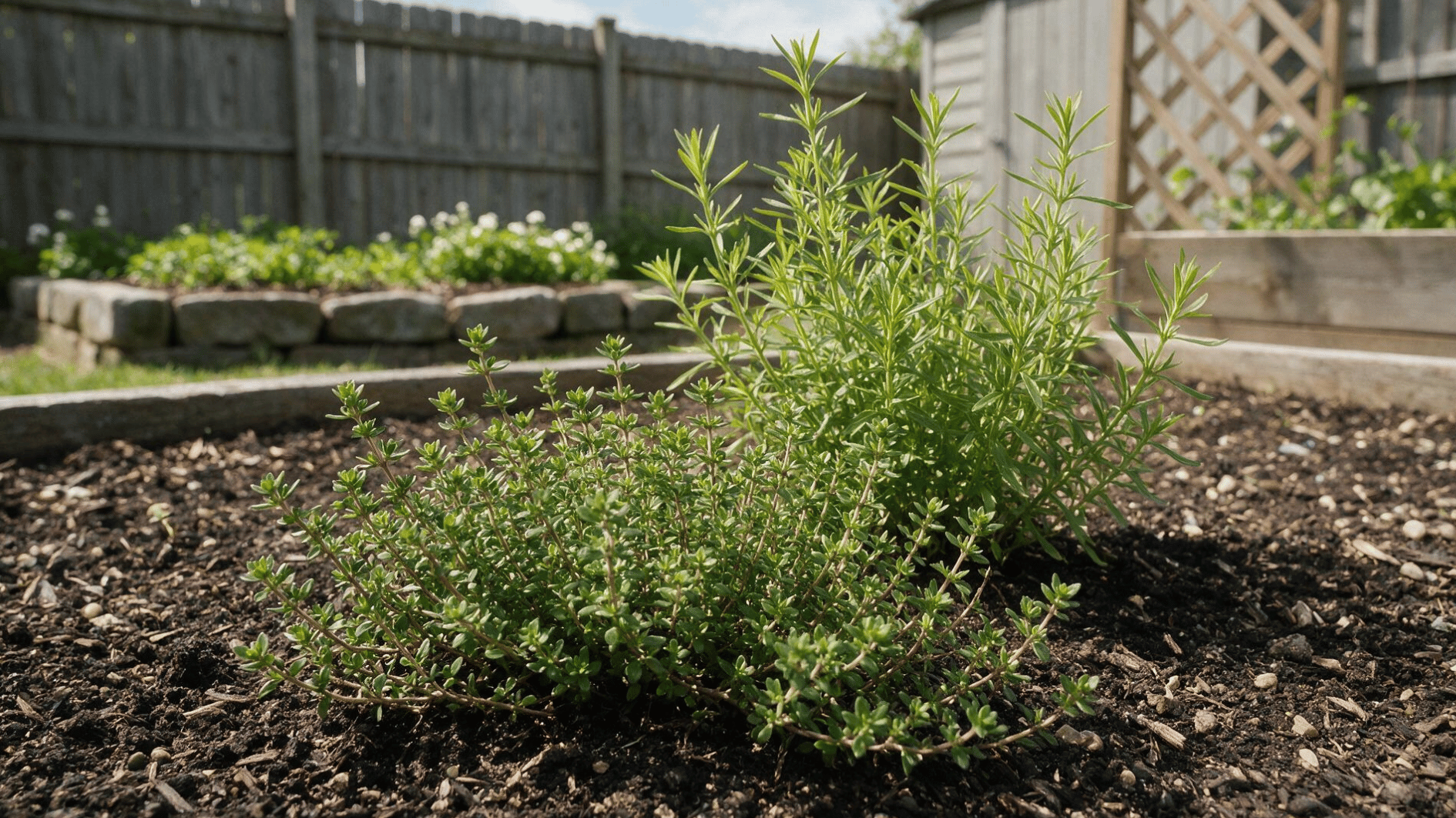 thyme growing beside summer savory in a backyard kitchen garden