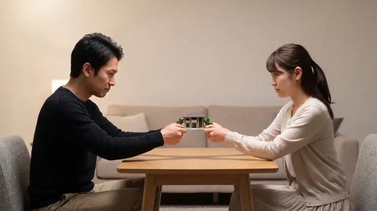 Two people sitting at table holding miniature house in neutral-toned living room