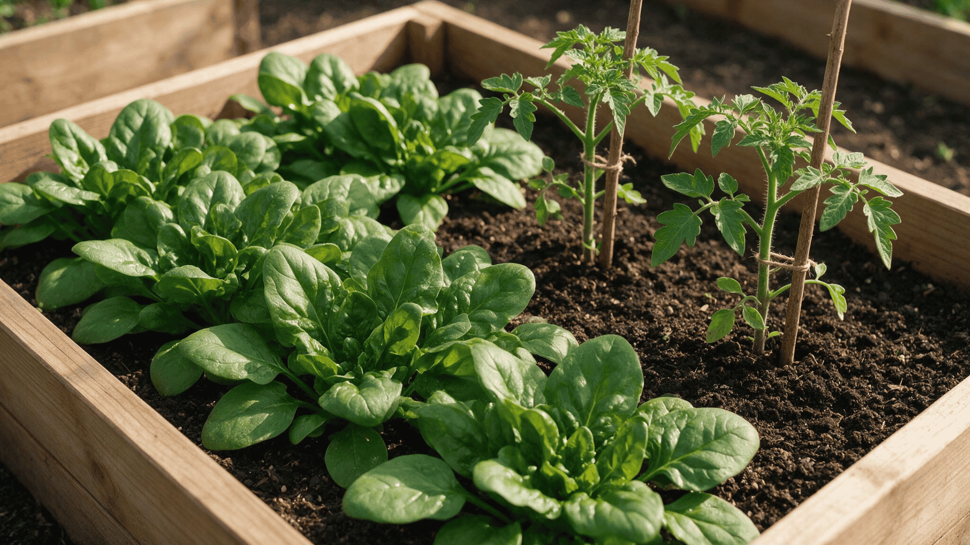 spinach growing beside young staked tomato plants in a raised bed