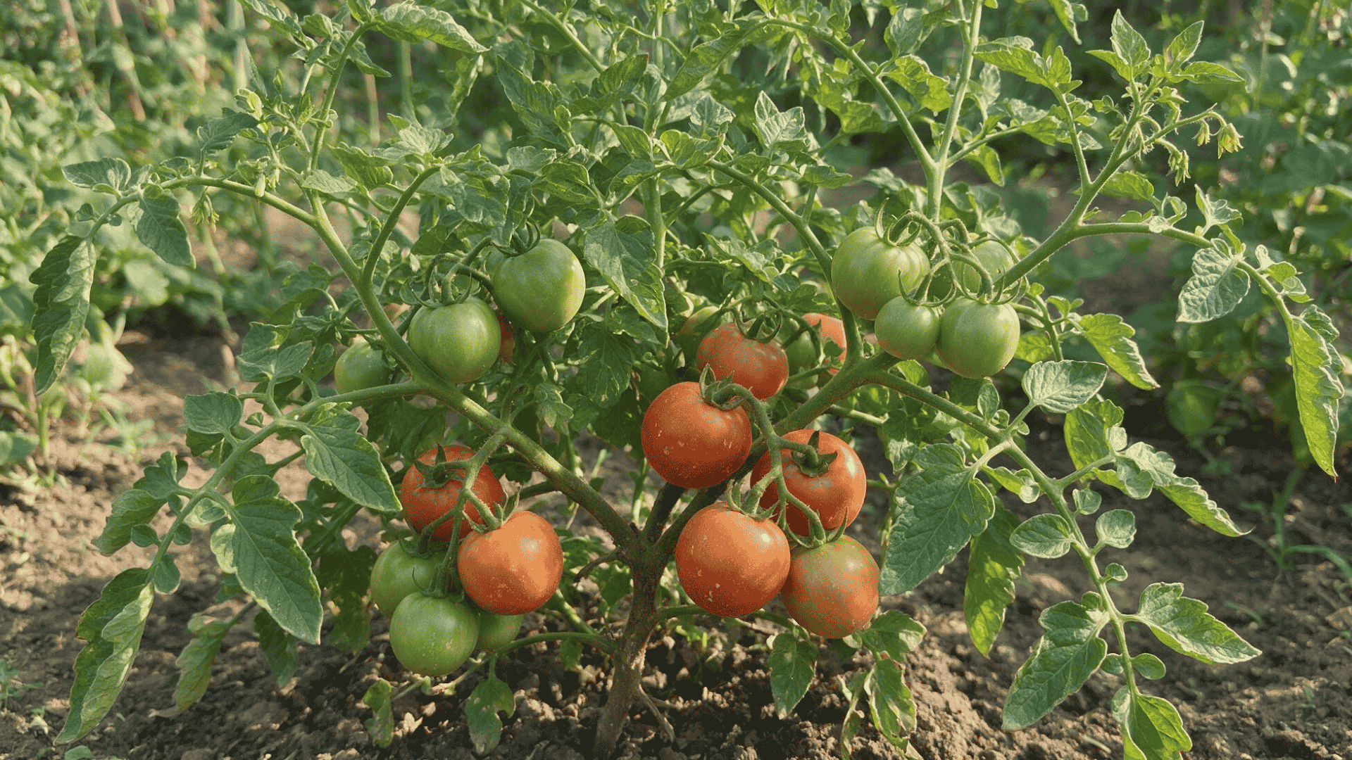 tomato plant growing in garden soil with clusters of green and ripening red tomatoes under sunlight