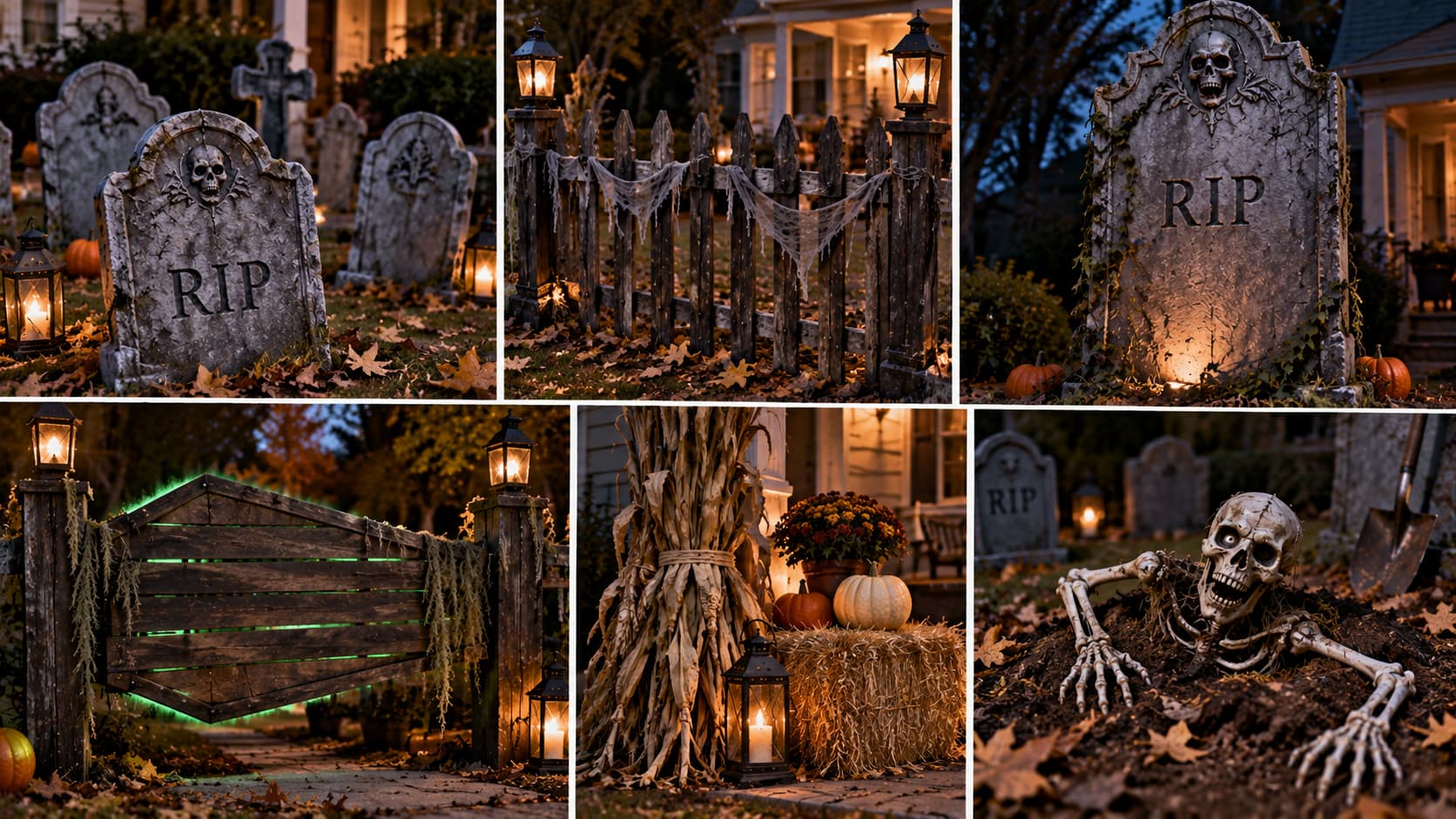 Six-panel photo grid of various DIY Halloween tombstone and graveyard decorations.
