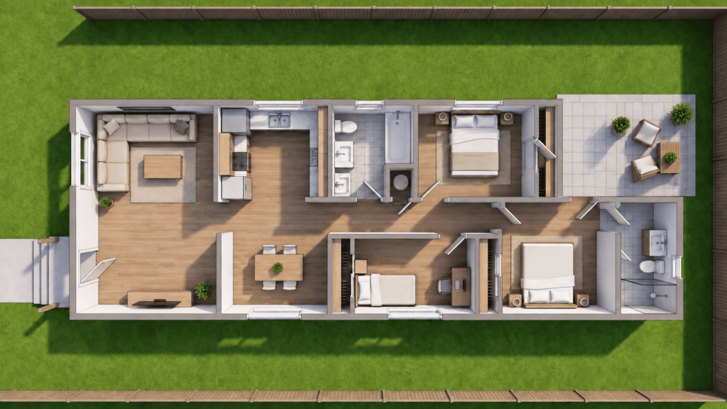 top view of a three bedroom house floor plan with living room, kitchen, bathrooms, and outdoor patio