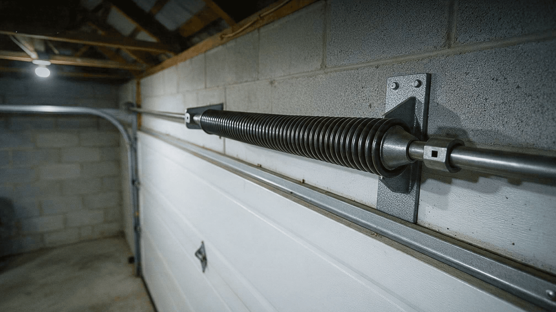 heavy-duty torsion spring mounted above a sectional garage door inside a dimly lit garage