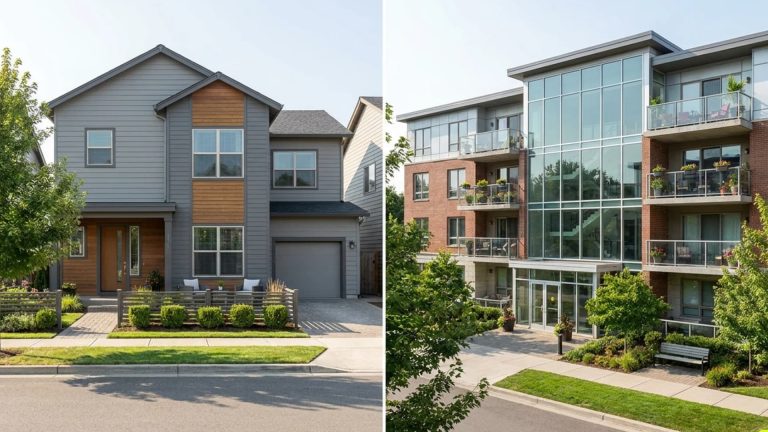 Visual comparison of a modern townhouse versus a contemporary apartment building.