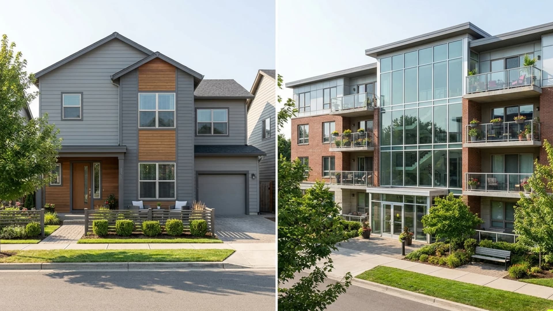 Visual comparison of a modern townhouse versus a contemporary apartment building.