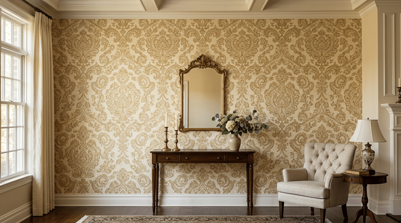 traditional damask wallpaper with formal repeating ornamental patterns creating a refined dining room feature wall
