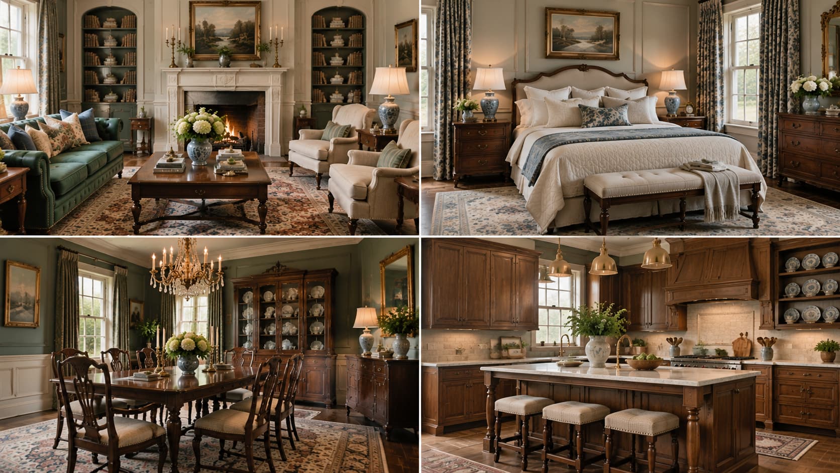 Classic traditional dining room with a polished dark wood dining table, matching chairs, and a glass chandelier overhead.