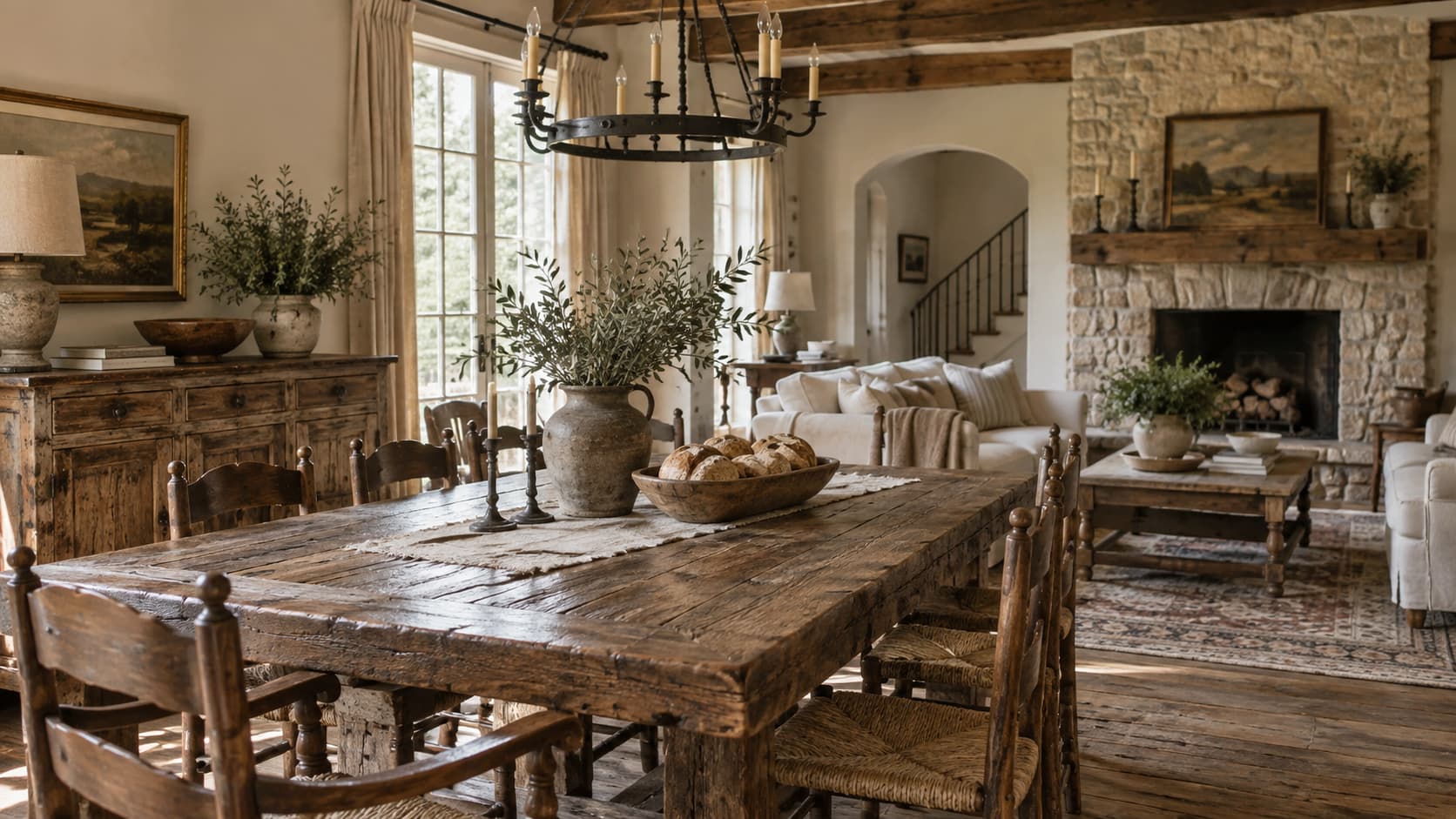 Traditional farmhouse dining room featuring a raw wood table and wrought iron chandelier