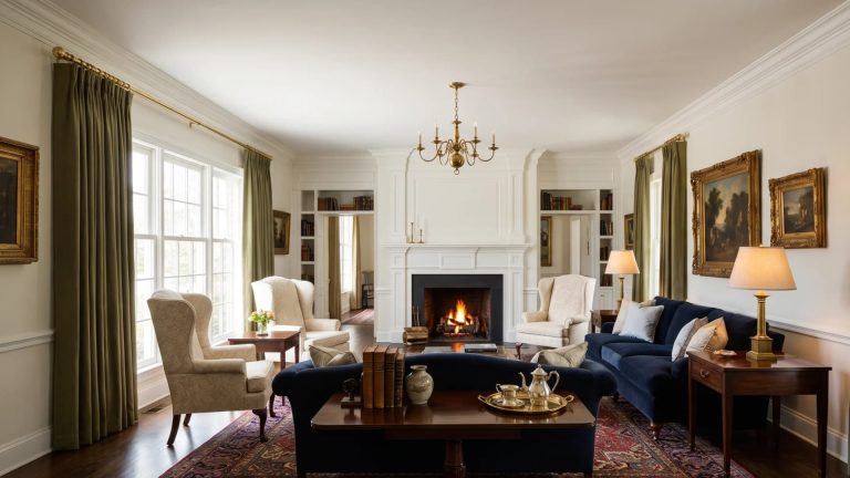 Symmetrical traditional living room with a white fireplace, chandelier, dark wood floors, and classic tufted seating.