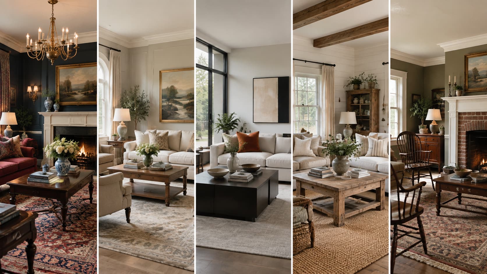 Side-by-side comparison of living room styles, including traditional, transitional, modern, farmhouse, and colonial designs.
