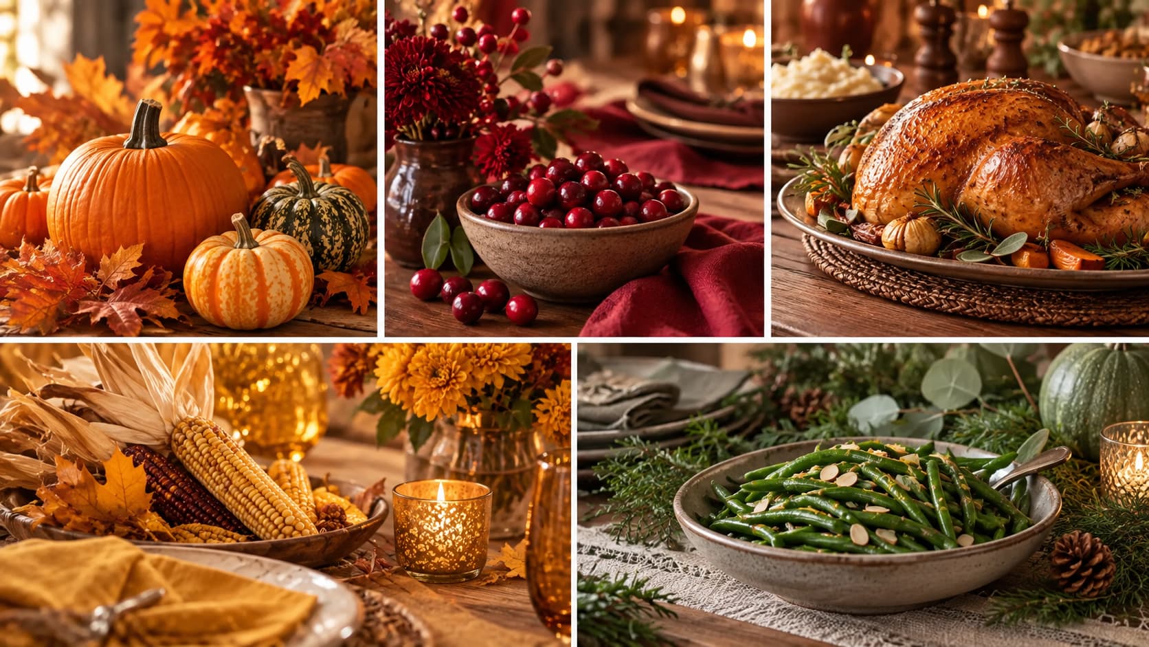A five-panel collage of Thanksgiving dishes and decor representing seasonal fall colors.