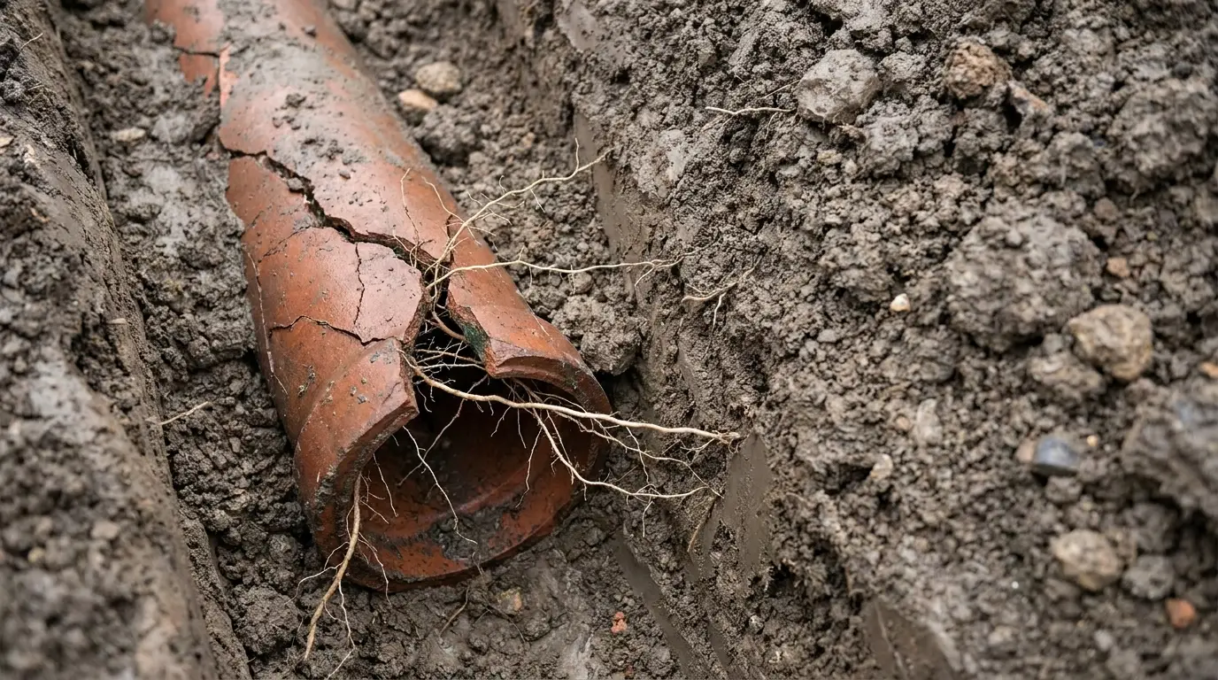 Cracked clay pipe with tree roots in outdoor soil trench