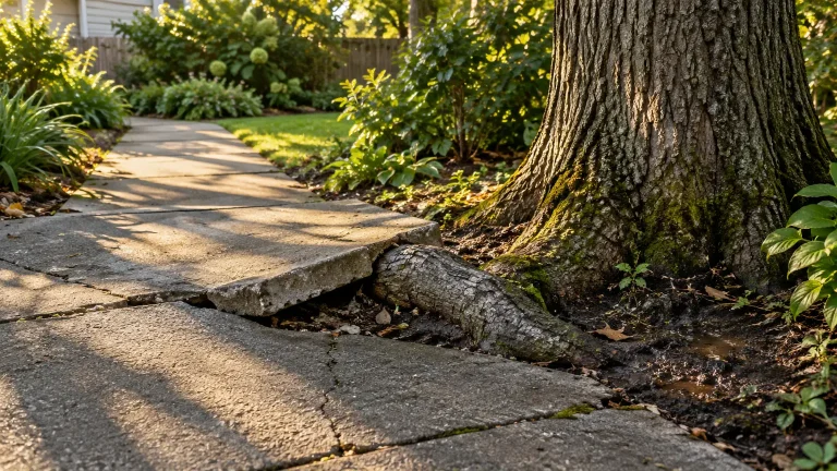 Tree root lifting concrete pathway in lush garden setting with sunlight and greenery