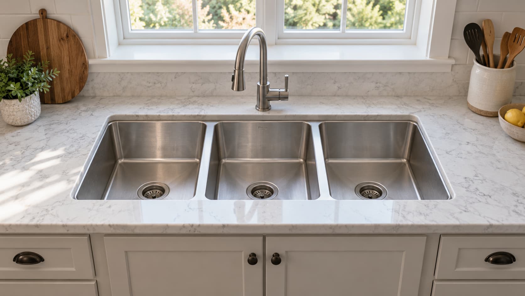 Triple-bowl kitchen sink featuring two main basins and a small center prep basin.