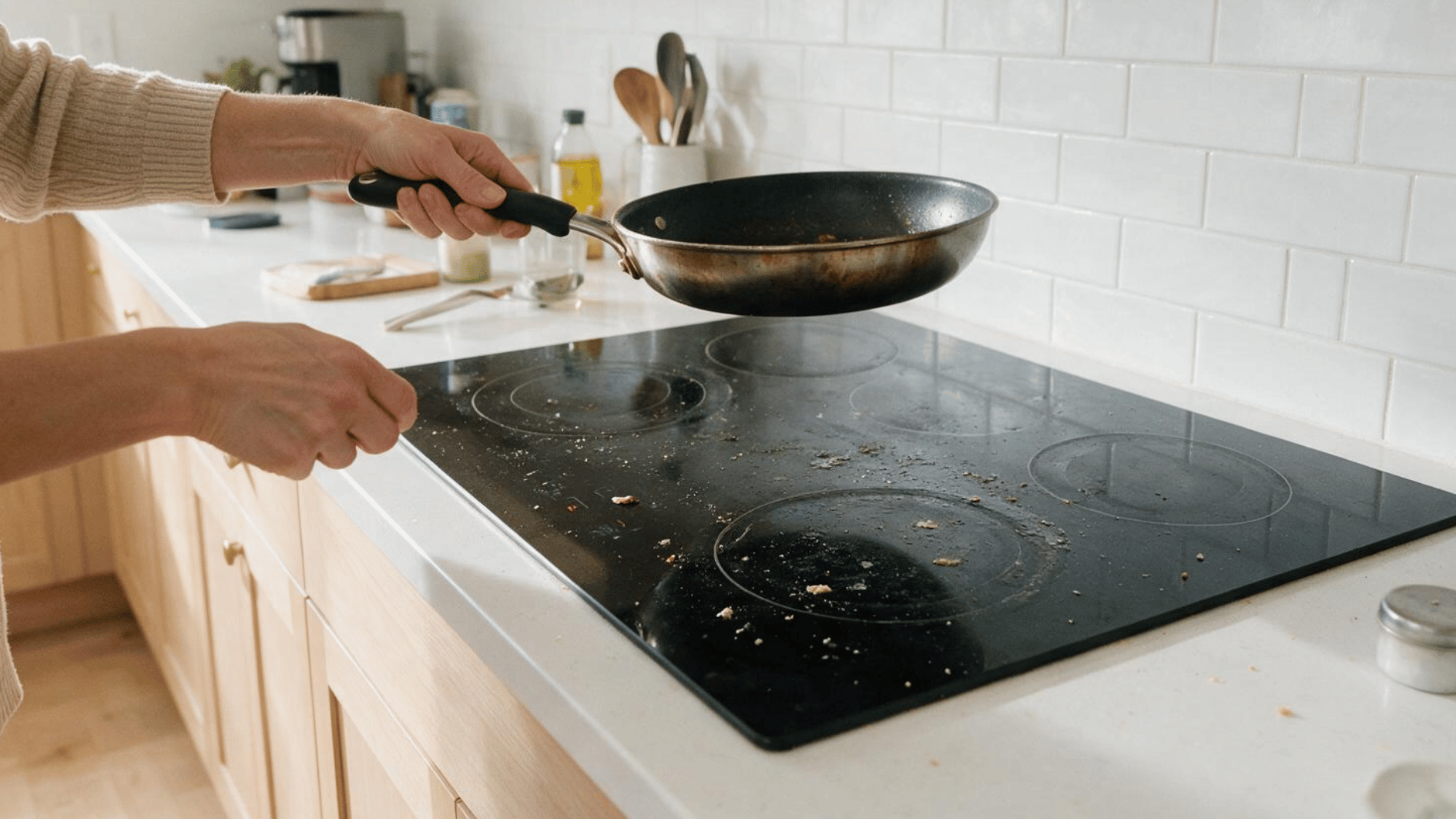 hand turning off a dirty glass stove top and removing a pan before cleaning