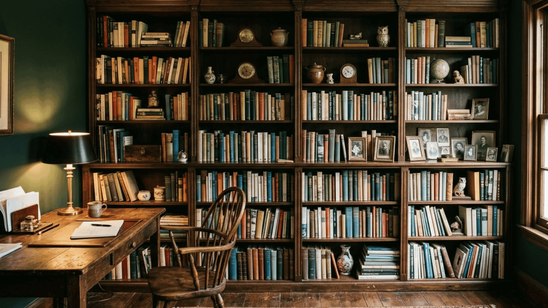 dark academia home office with a full bookcase wall wooden desk and personal objects