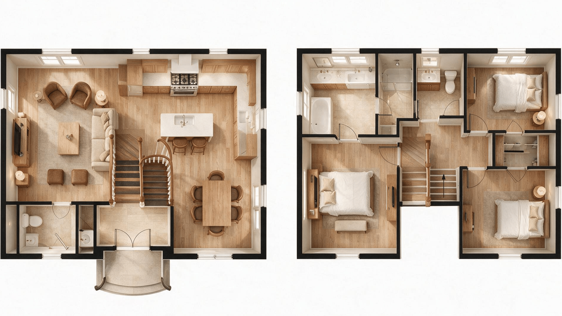 two-story 3 bedroom house plan with living spaces downstairs and three bedrooms arranged on the upper floor