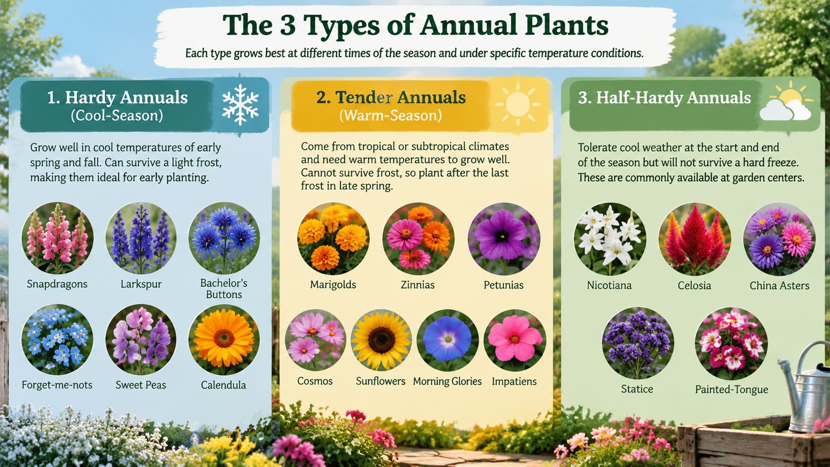 Infographic showing the three types of annual plants with flower examples and cold-tolerance details.