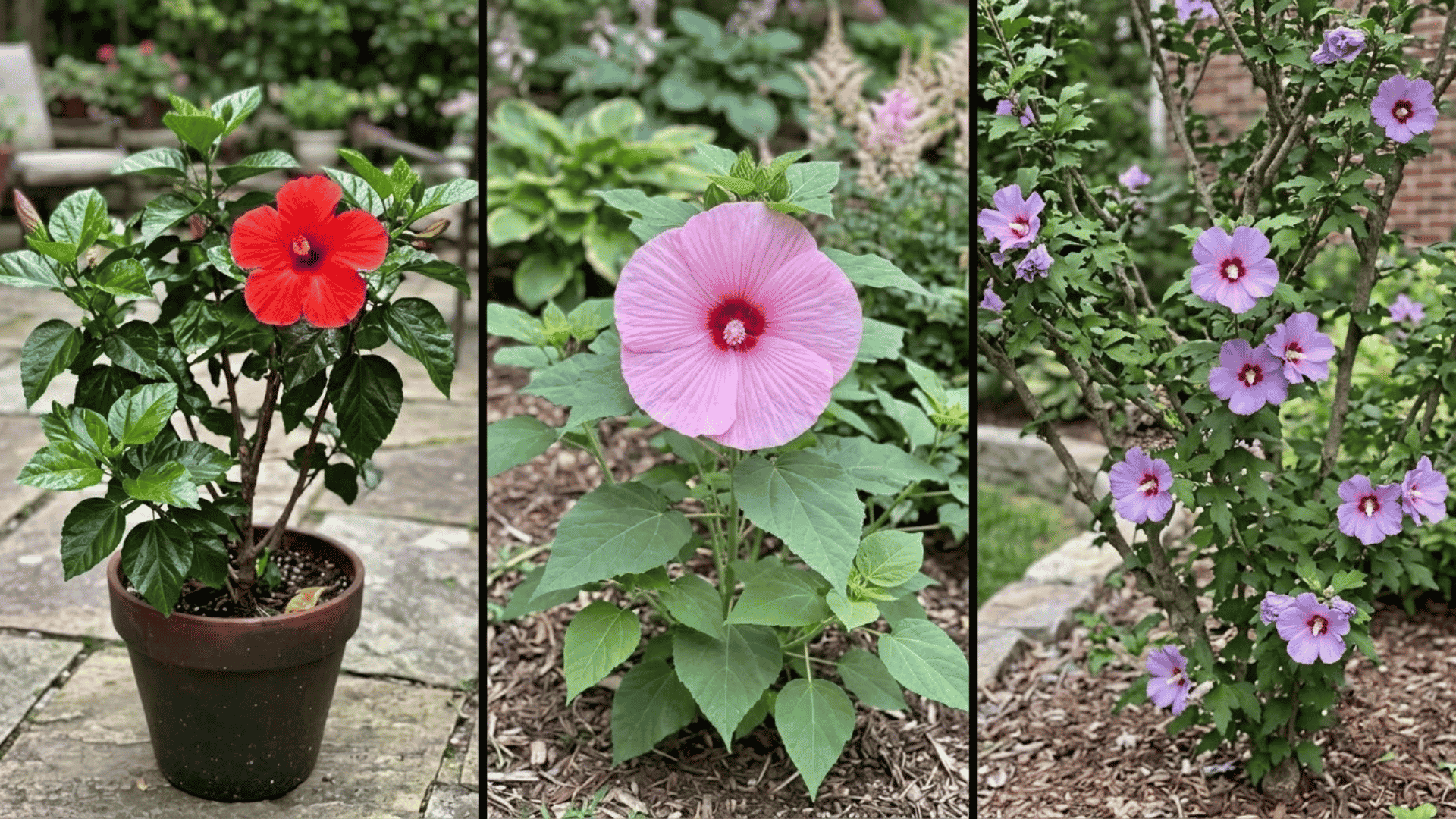 tropical hibiscus hardy hibiscus and rose of sharon flowers shown together in a three-panel collage