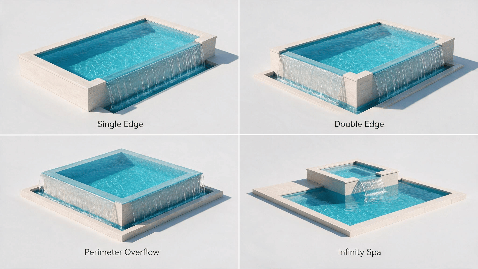 infographic showing four infinity pool edge types, single edge, double edge, perimeter overflow, and infinity spa