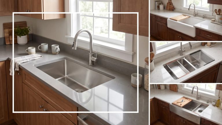 A grid showcasing various kitchen sink styles, including undermount, farmhouse, and workstation designs.