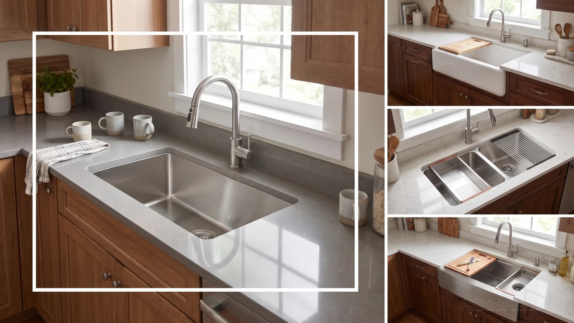 A grid showcasing various kitchen sink styles, including undermount, farmhouse, and workstation designs.