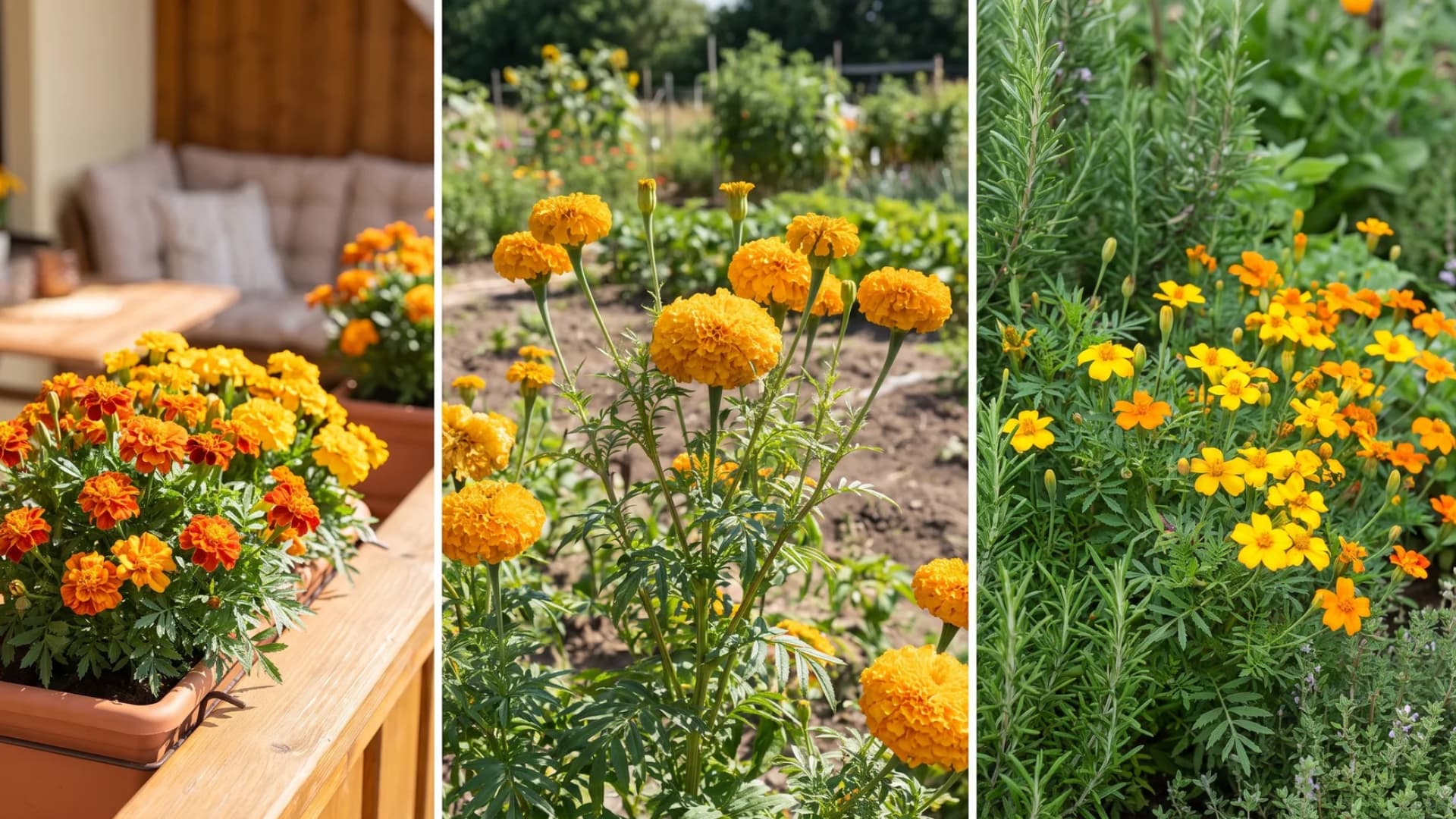 Three-panel collage showing French marigolds in a planter, tall African marigolds in a garden bed, and Signet marigolds.