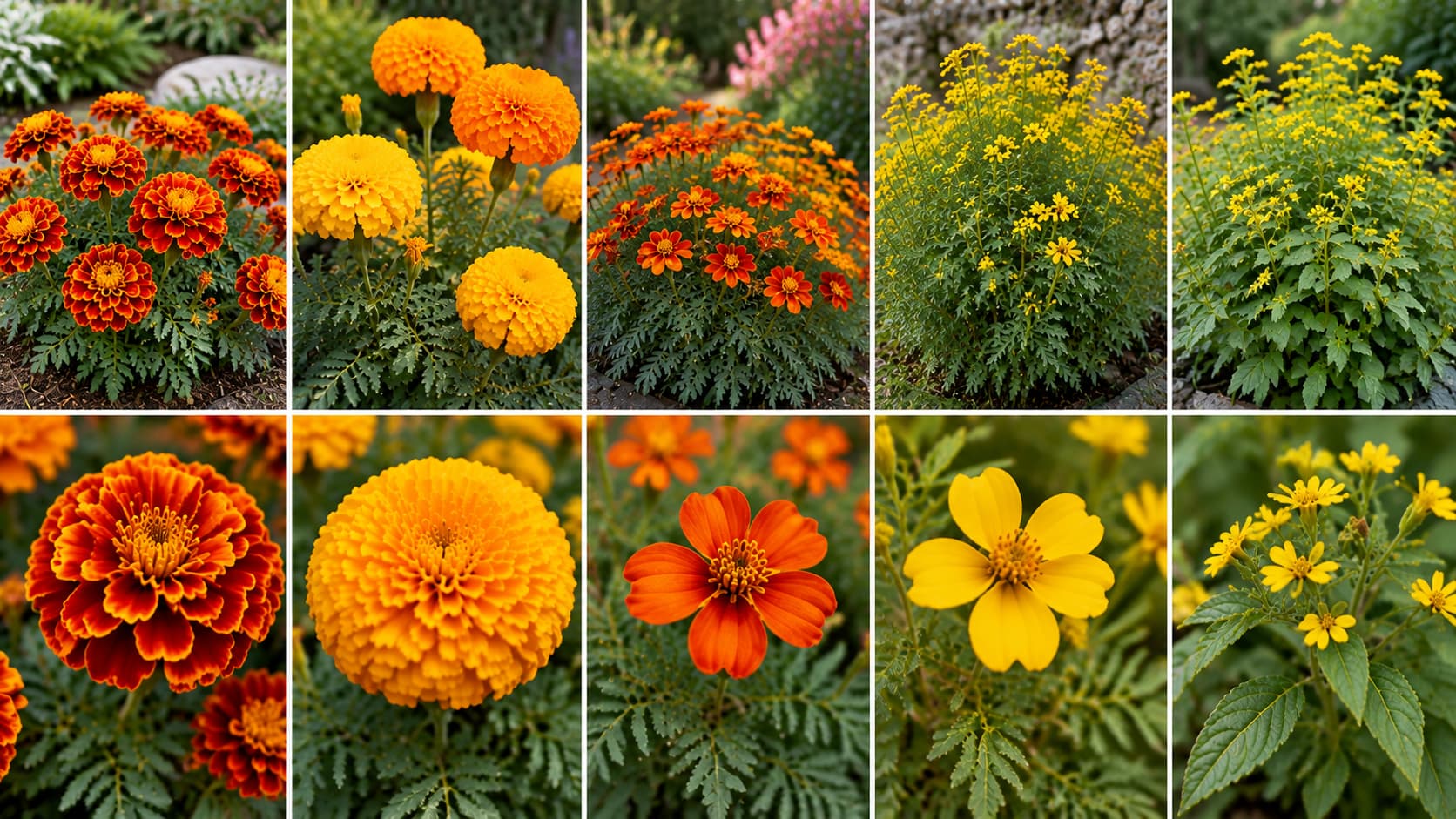 A grid of ten photos displaying different varieties of yellow, orange, and red marigolds.