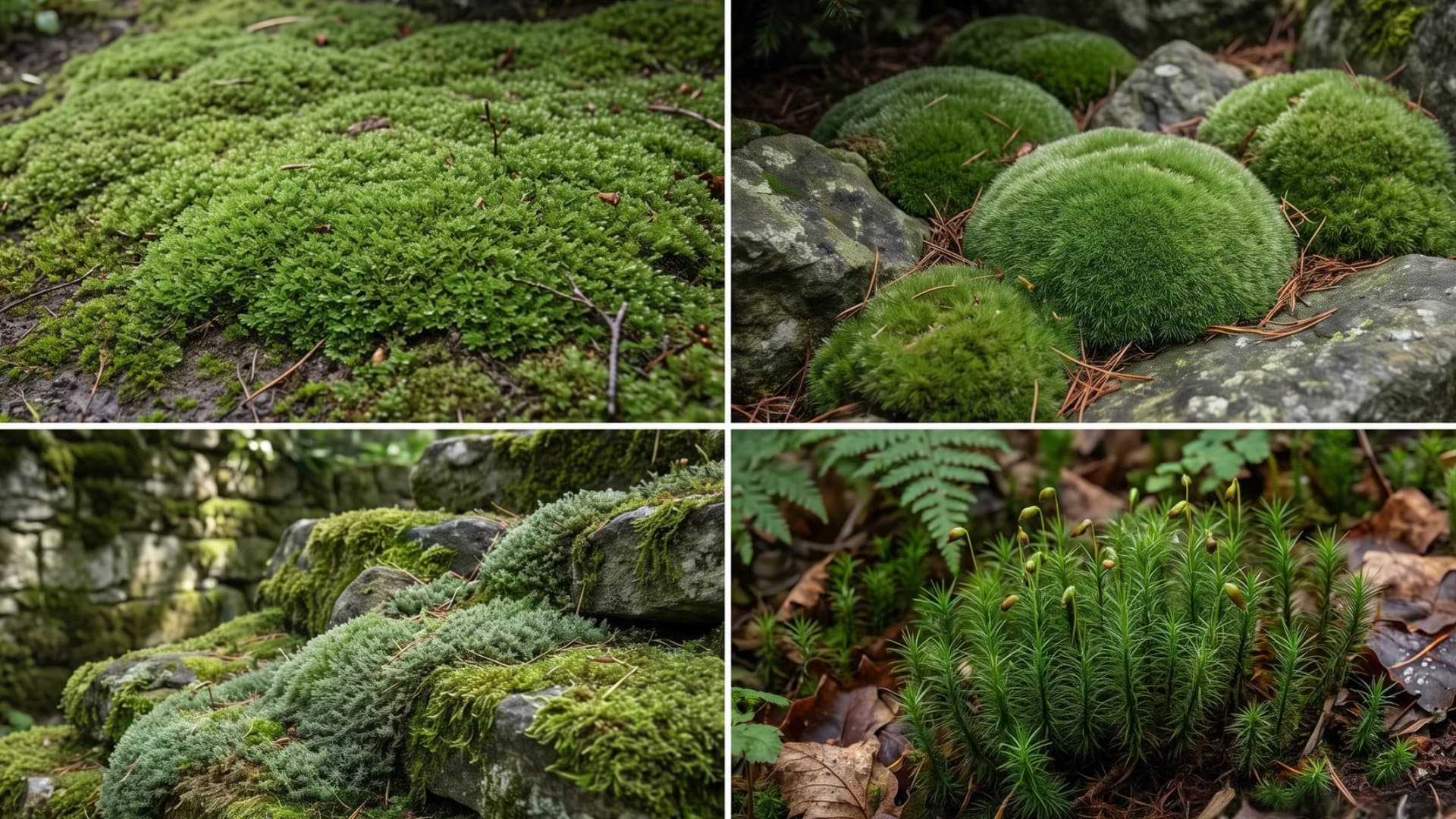 Four-panel grid showing sheet moss, cushion moss, fern moss, and rock cap moss varieties.