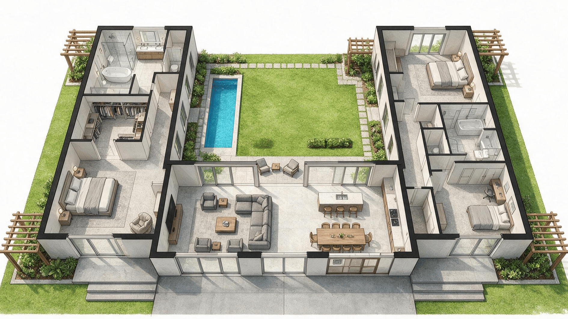 U-shaped 3 bedroom floor plan with separate bedroom wings surrounding a large central outdoor courtyard
