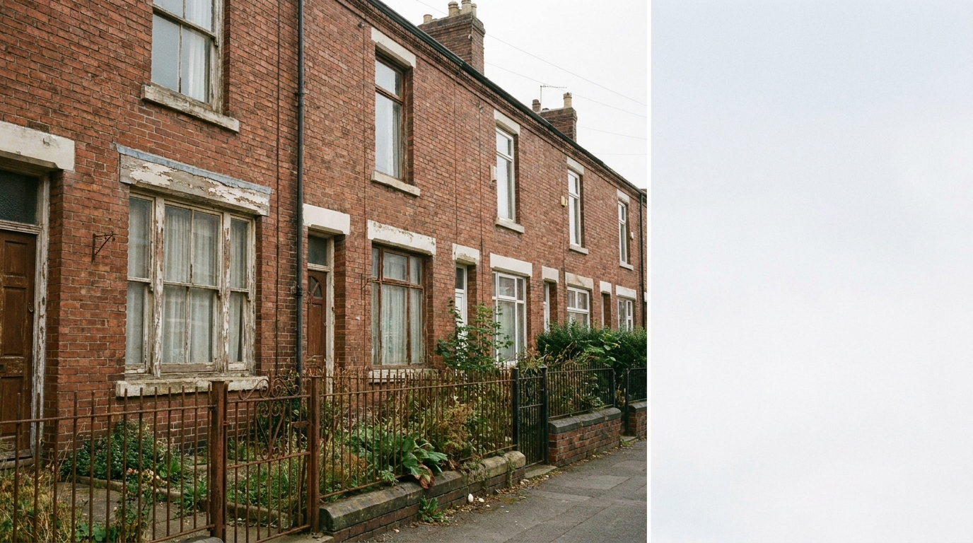 Row of old red brick terraced houses with peeling paint and overgrown plants